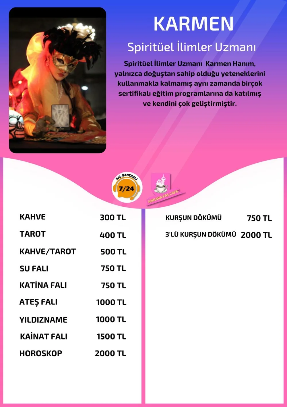Karmen hizmetleri, fiyat listesi ve hikayesi