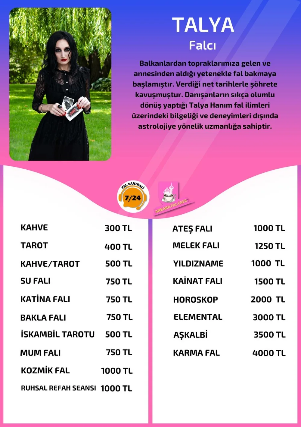 Talya hizmetleri, fiyat listesi ve hikayesi